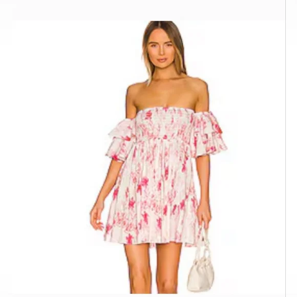 New Misa Los Angeles Women's Pink Floral Smocked Off Shoulder Mini Dress Medium - Picture 1 of 6